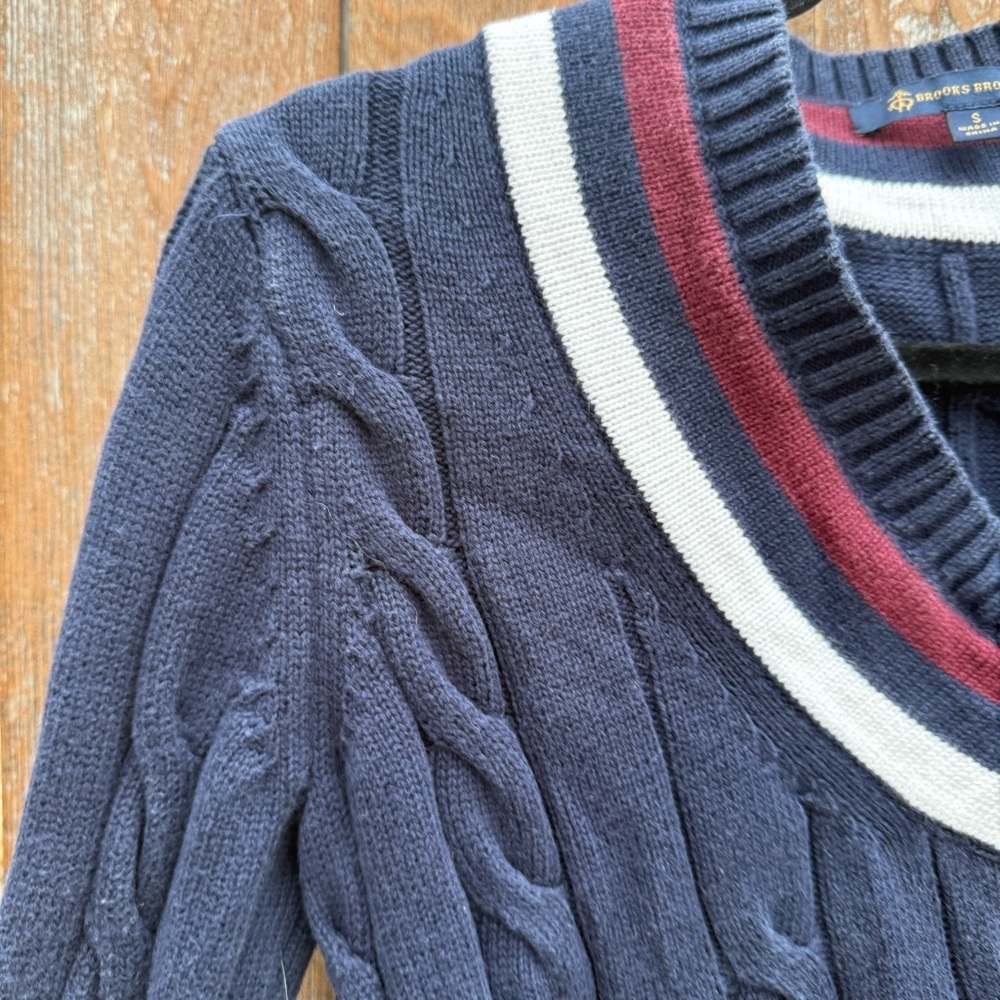 Brooks Brothers Navy Red White V Neck Cable Knit Tennis Sweater Vintage Small - Picture 3 of 10